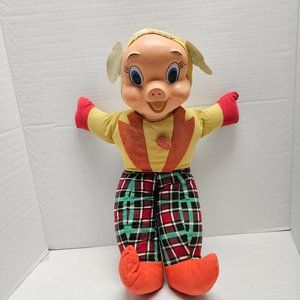 Vintage Folk Art Rare Stuffed Pig Combo Cloth Big Blue Eyes Old Collect Decor